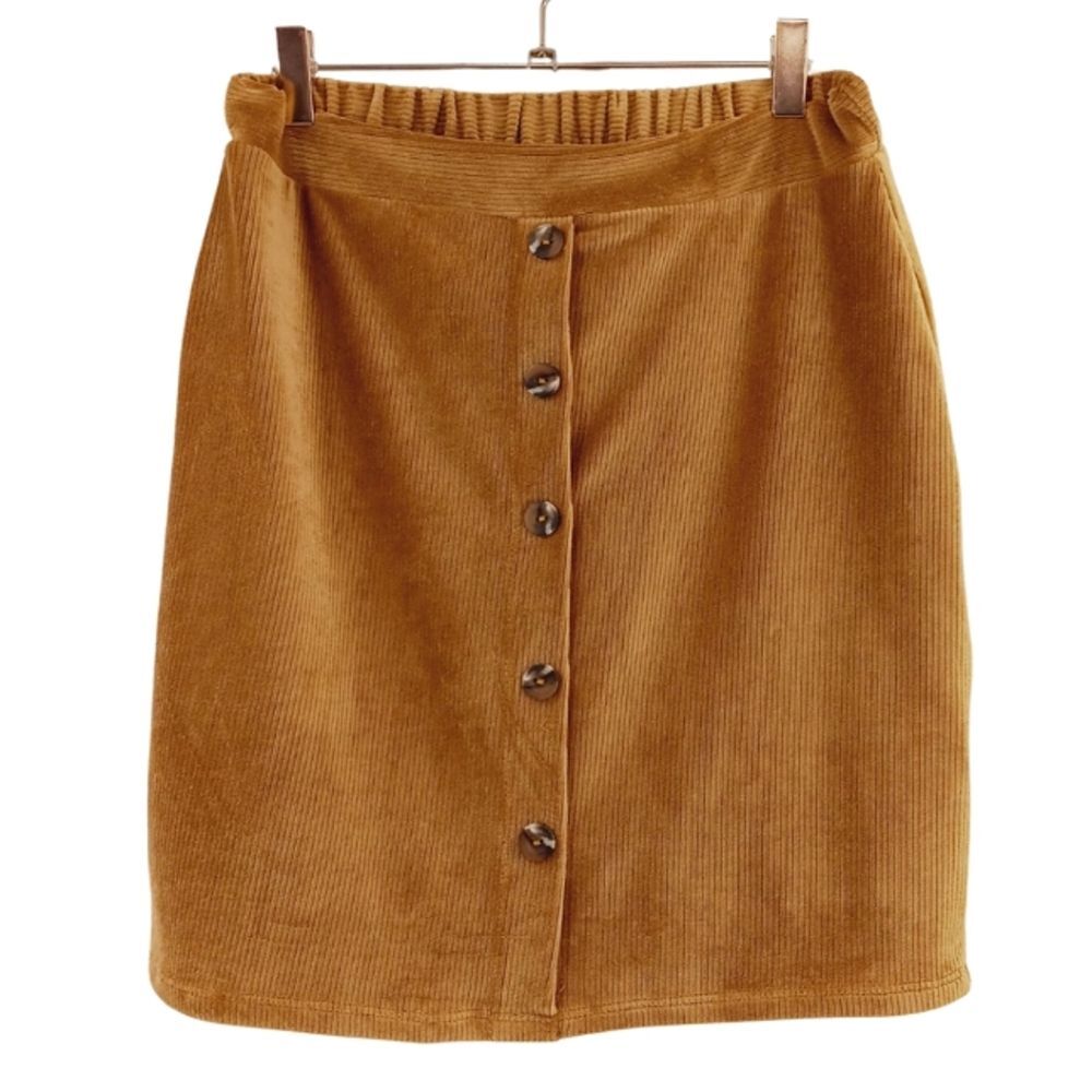 Vanilla Bay Corduroy Mini Skirt Size M Tan Brown Faux Button Down Stretch NWT